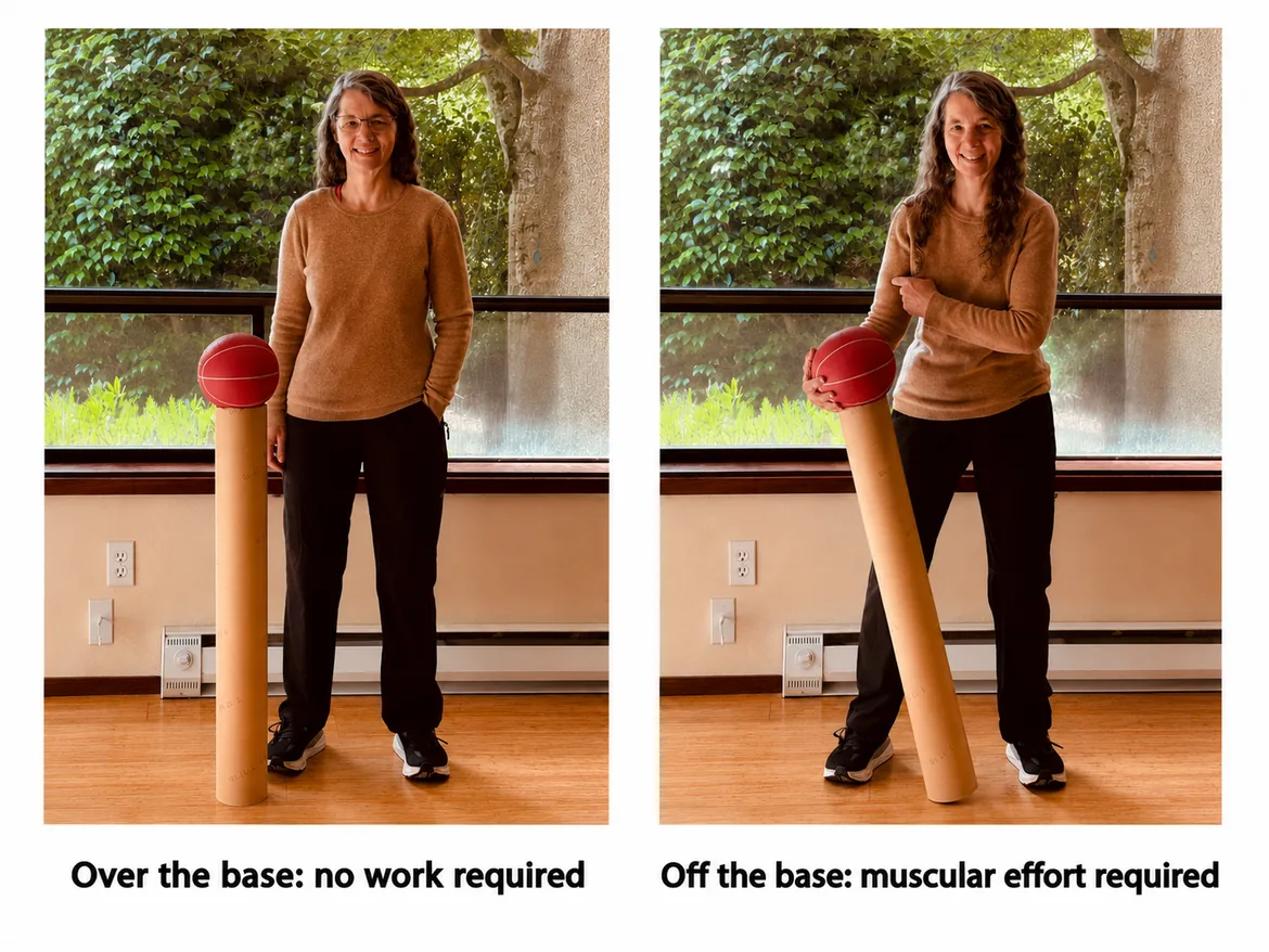 A medicine ball balanced on top of an upright cardboard roller, and the same ball held in place with the roller tilted off center