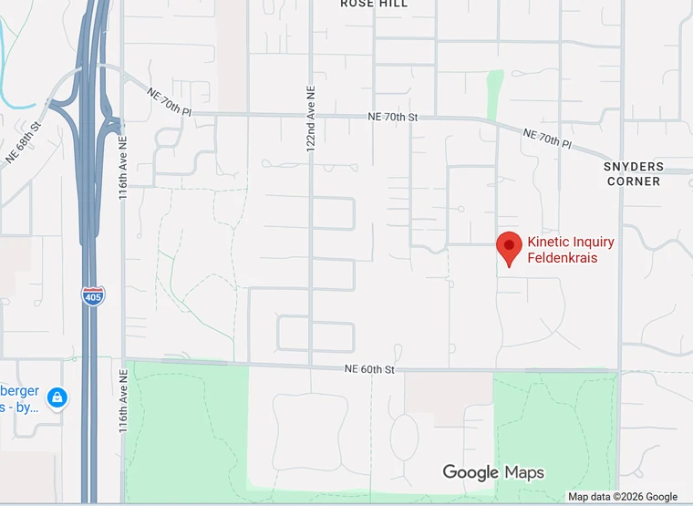 Map showing the Kinetic Inquiry studio in the Rose Hill neighborhood of Kirkland, Washington, east of I-405