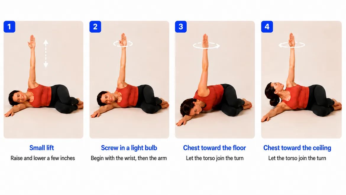 Four panels showing a woman lying on her side, lifting her top arm and turning her torso in four variations.