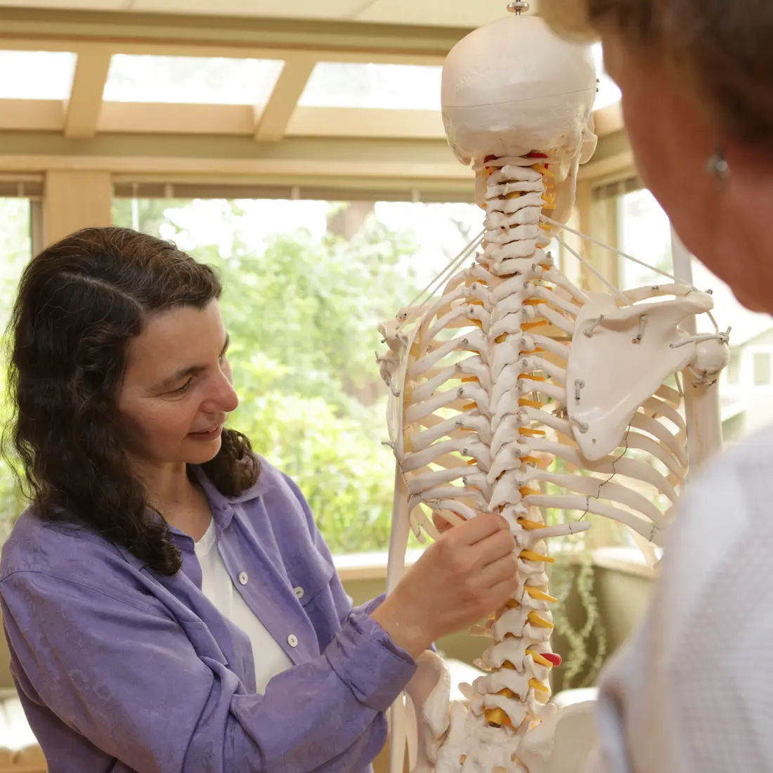 Laura Yedwab showing a client the spine on a skeleton